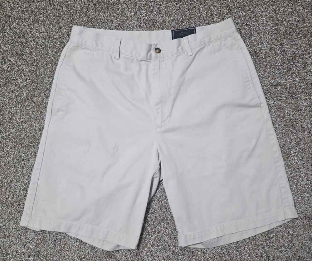 Greg Norman Mens Khaki Golf Shorts Waist 34 Beige Chino 100% Cotton Shark Logo